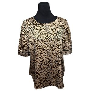 LOFT Blouse Top Cheetah Print Brown Black Short Sleeve Soft Silky Keyhole SZ L